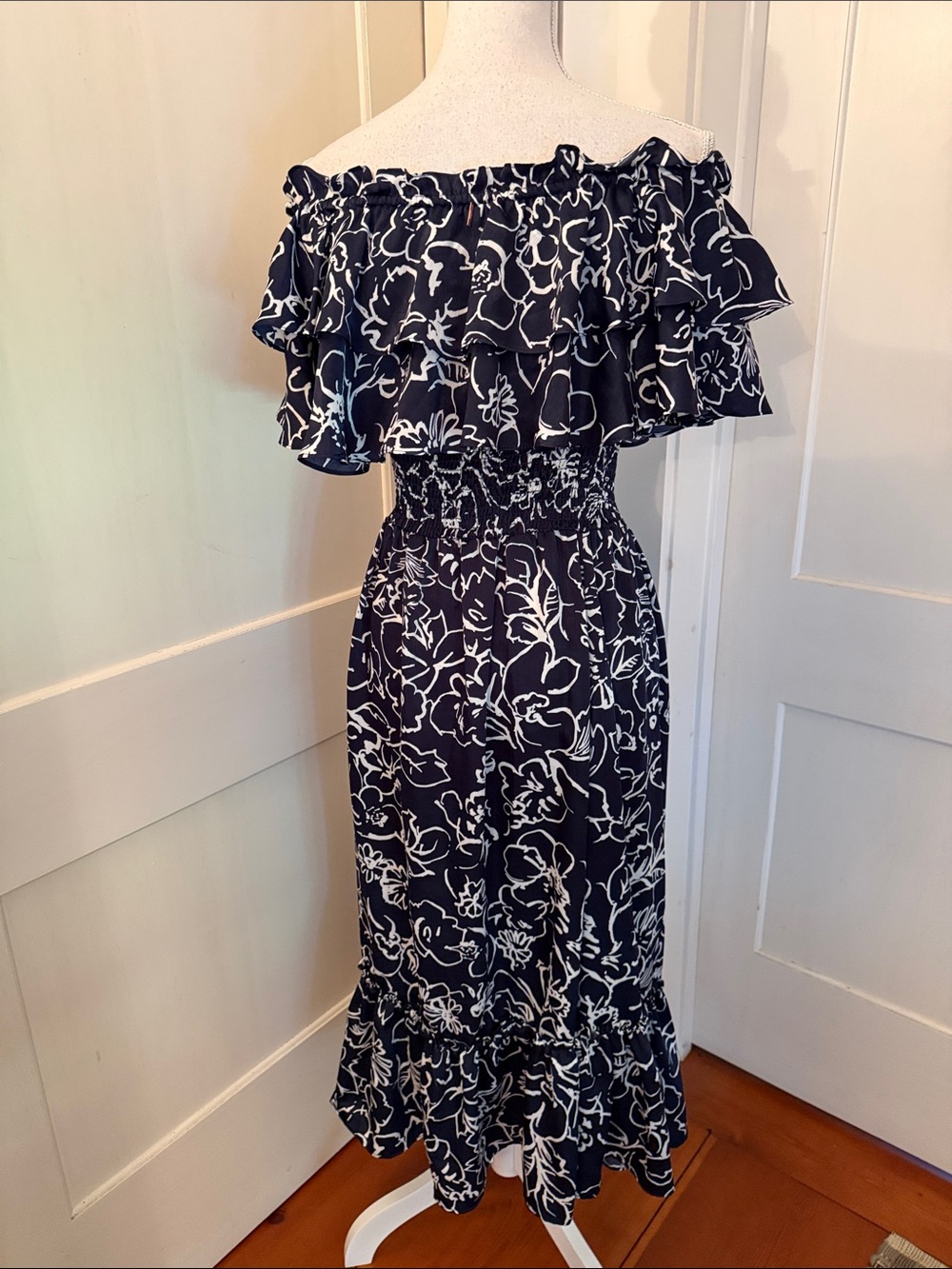 ⭐️New⭐️Misa Navy and White Floral Off-Shoulder Ruffle Midi Dress